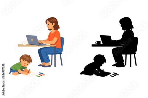 Working at home with child playing on the floor in a bright room during the day