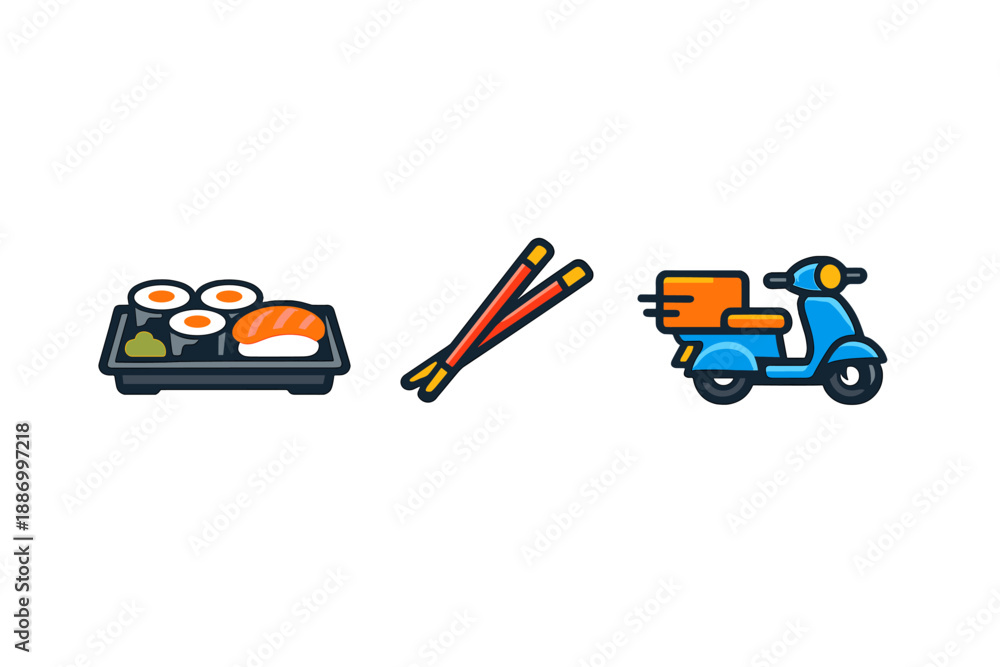 Naklejka premium Delivery of sushi rolls using chopsticks and a scooter in an urban setting