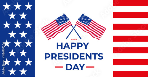 Happy Presidents Day design with crossed USA flags and festive lettering. Patriotic vector illustration for greeting cards, banners, posters, clipart, backgrounds and national holiday celebrations.