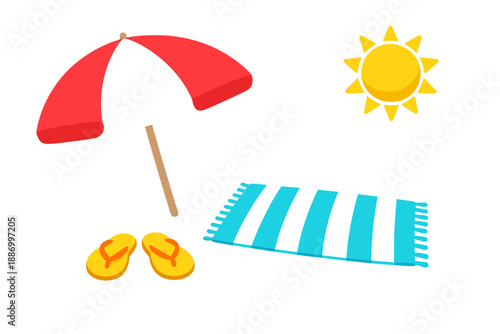 Colorful beach scene with sun, umbrella, sandals, and towel ready for a relaxing day of fun in the sun at a seaside location during summer