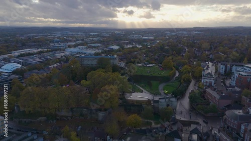 Aerial footage of Nottingham castle and the city of Nottingham, United Kingdom. Nottingham Castle is a Stuart Restoration-era ducal mansion in Nottingham, England, built on the site of a Norman castle