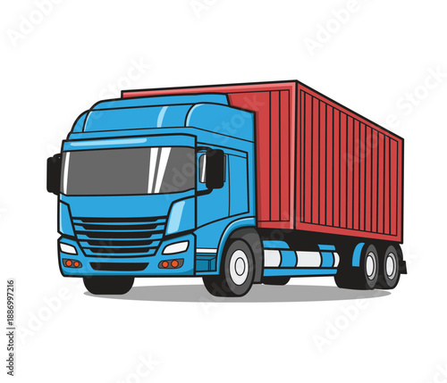 Blue Delivery Truck With Red Container Ready For Freight And Logistics Operations