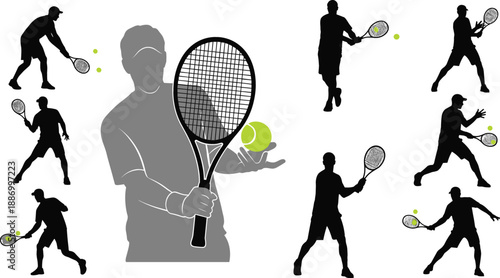 Professional tennis player silhouette set with green ball focal graphic and dynamic action poses for sports club and tournament vector.