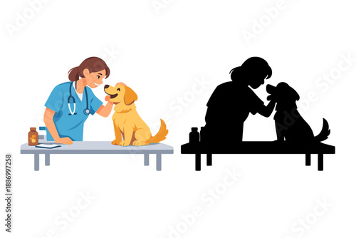 Veterinarian examines a dog in a clinic during a check-up session in bright daylight at a local animal care facility