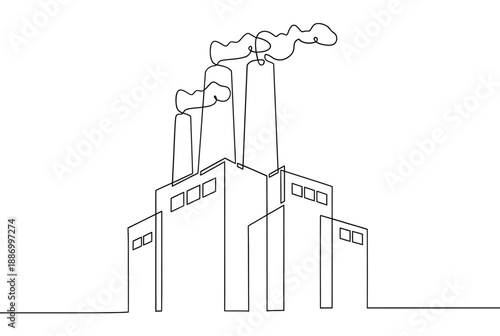 Continuous line drawing of industrial factory buildings with smokestacks emitting smoke