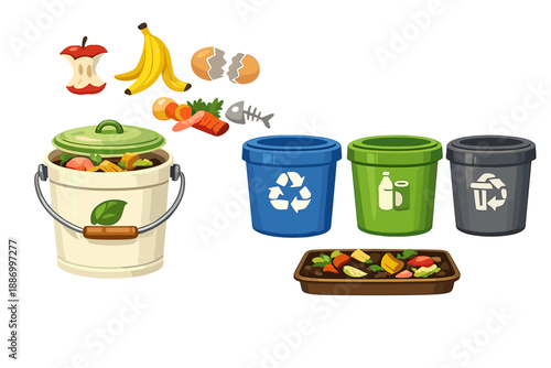 Garbage sorting system shows how to separate waste into compost, recycling, and trash bins in a clean way