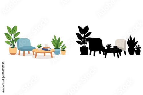 Seating area with plants in bright and dark themes, showcasing a simple design with furniture and decorative elements