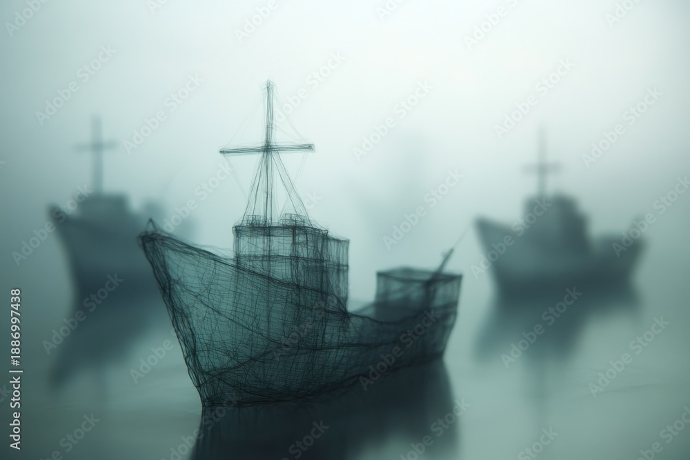 Fototapeta premium Fog envelops fishing boats silhouetted against a serene water backdrop at dawn