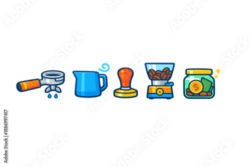 Tools used for making coffee in a simple setup including an espresso machine, milk jug, tamper, grinder, and money jar