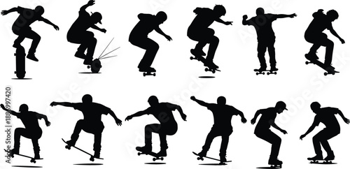 Skateboarder silhouette set with 12 extreme sports action poses including ollie jump and street skating for urban lifestyle and youth branding vector