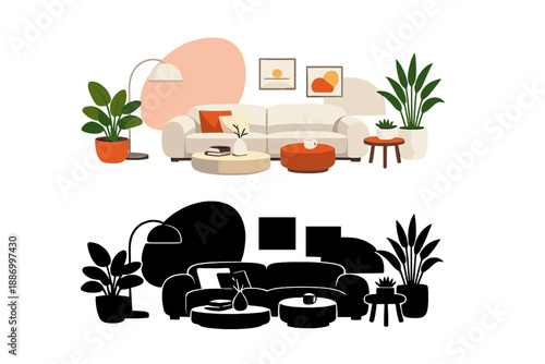 Creative design showing a living room scene with modern furniture, plants, and artworks in a bright setting with contrasting dark shadows