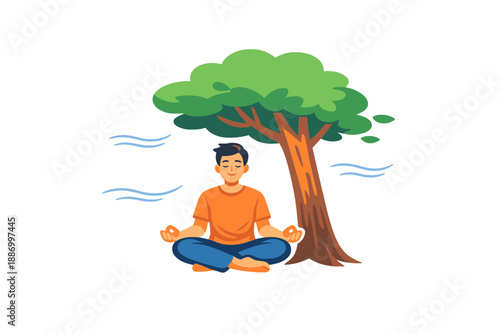 Person sits quietly under a tree in a natural setting while practicing meditation during a sunny afternoon