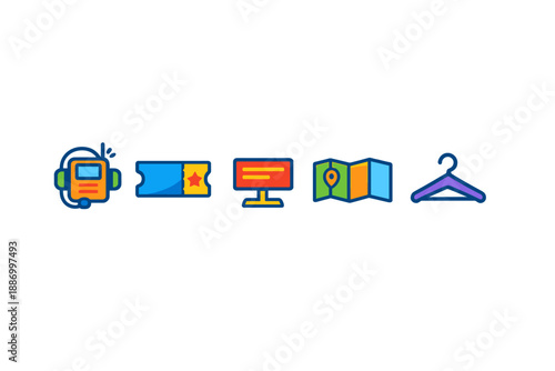 Icons representing various services related to travel, entertainment, and hotel management used for information or navigation purposes
