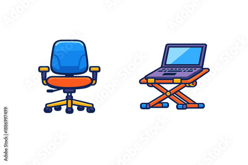 Office chair is next to a laptop on a foldable table in a workspace setting during the day