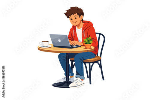Young person works on laptop at small table with coffee and plant in busy cafe setting during daytime in town