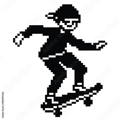 Pixel Art 1-Bit Skateboarder Doing Kickflip Trick Asset