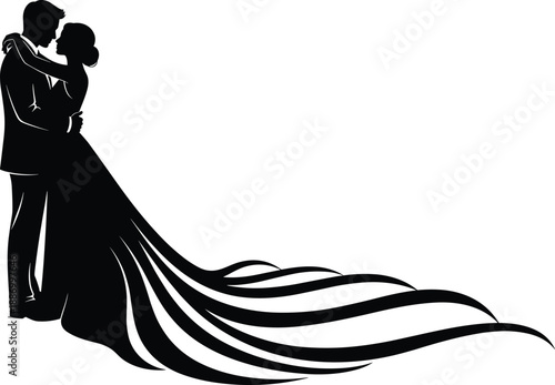 Romantic couple silhouette, elegant gown, wedding embrace, black and white art, formal love moment, graceful lines, timeless romance illustration