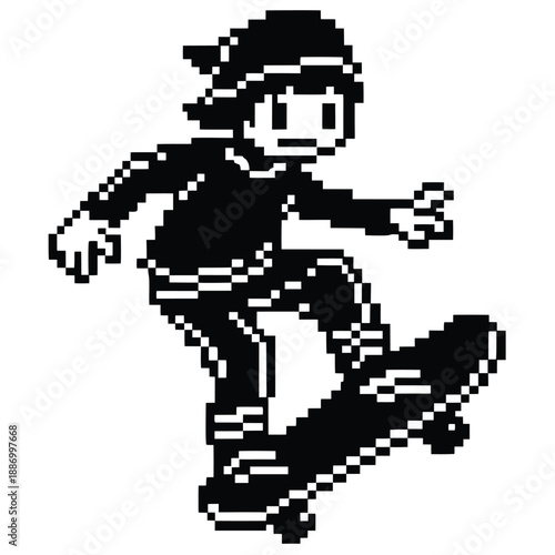 Pixel Art 1-Bit Skateboarder Doing Kickflip Trick Asset