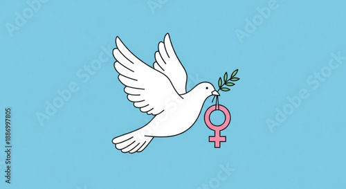 Dove with olive branch and female symbol on blue background representing peace and feminism
