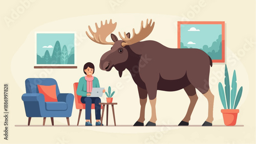 Woman working on laptop beside large moose in a room with plants