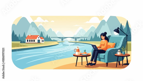 Woman working on laptop by a river with mountains and a house