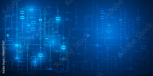 Technological neon background. Electrical diagram. Technical drawing. Vector illustration .