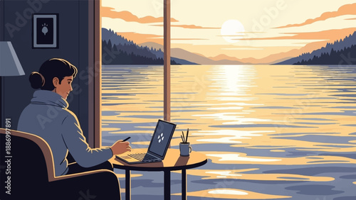 Woman working on laptop by a serene lake at sunset
