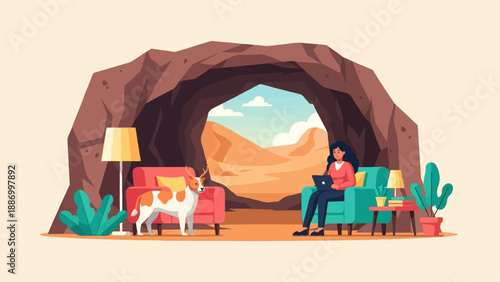Woman working on laptop in a cave home with desert view and dog