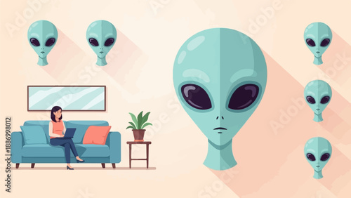 Woman working on laptop in living room surrounded by alien heads