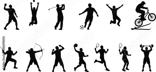 Black Sports Silhouettes Set Featuring Athletes Playing Soccer Tennis Golf Basketball Cycling Archery Weightlifting and Gymnastics Isolated on White Background for Active Lifestyle Design Elements
