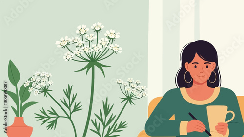 Woman with coffee and pen among flora