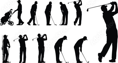 Professional golfer silhouette set with golf bag trolley putting stances and dynamic swing poses for country club and sports tournament vector