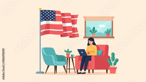 Woman working on laptop in room with American flag and plants