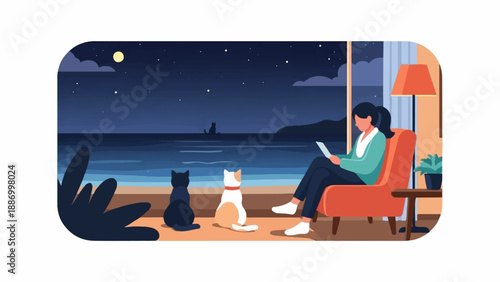 Woman with cats watches night sea from cozy room
