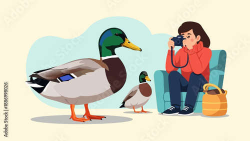 Woman with camera photographing ducks on a couch