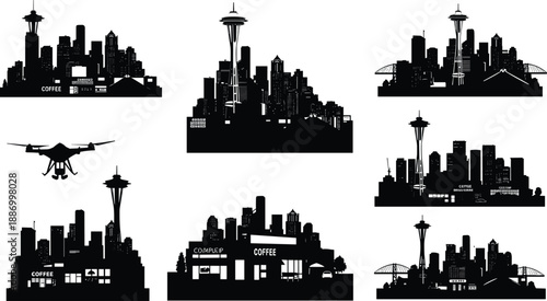 Seattle skyline vector illustration with Space Needle, coffee culture, modern architecture, technology influence, urban buildings, metropolitan horizon, black and white design
