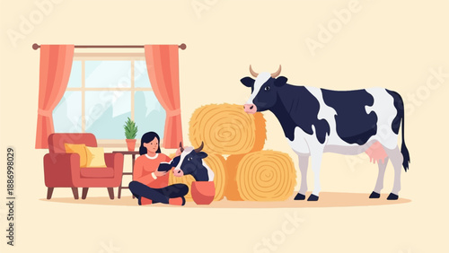 Woman with cows and hay bales in a living room setting