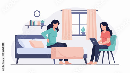 Woman with back pain sits on bed while another uses laptop