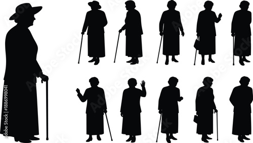 Senior woman silhouette with cane, elderly female figures collection, aging support concept, black vector set