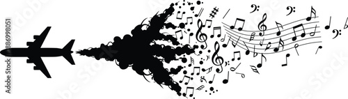 Creative Silhouette of Airplane Leaving a Trail of Musical Notes and Symbols Representing the Harmony of Travel Aviation Art and Melodic Journey Concept