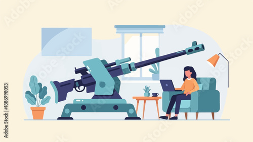 Woman working on laptop next to large cannon inside a room