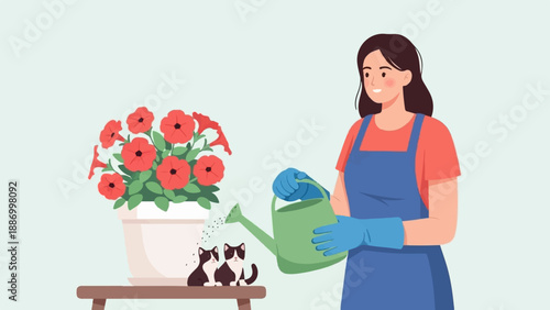 Woman waters flowers with kittens nearby