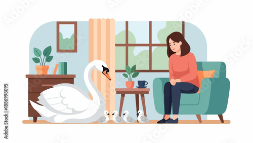 Woman watches swan family in living room