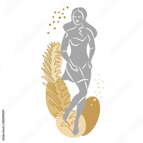 Silhouette of a cute lady and leaves of a plant. The girl is standing. The woman has a beautiful figure. She is young and slim. Vector illustration