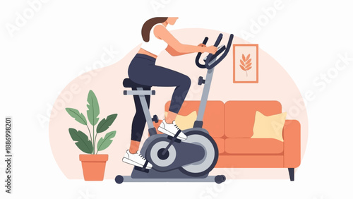 Woman exercising on a stationary bike in a cozy living room