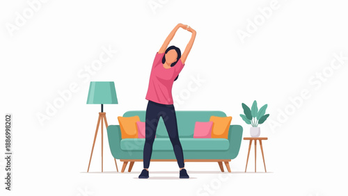 Woman stretching at home near a couch and plant