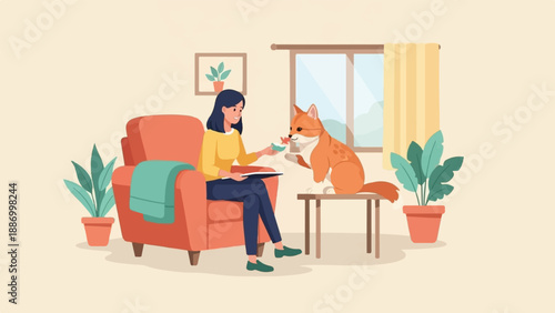 Woman feeds a cute dog a treat in a cozy living room