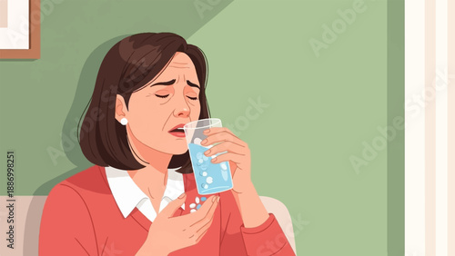 Woman feeling unwell takes medication and a glass of water