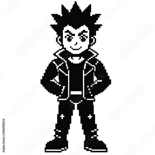 Pixel Art 1-Bit Punk Boy Character with Leather Jacket
