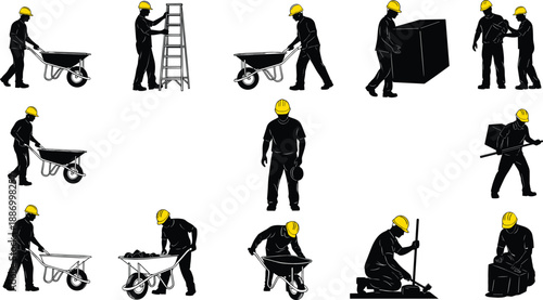 Construction worker silhouette set with yellow hard hats pushing wheelbarrow climbing ladder and carrying materials for industrial labor vector